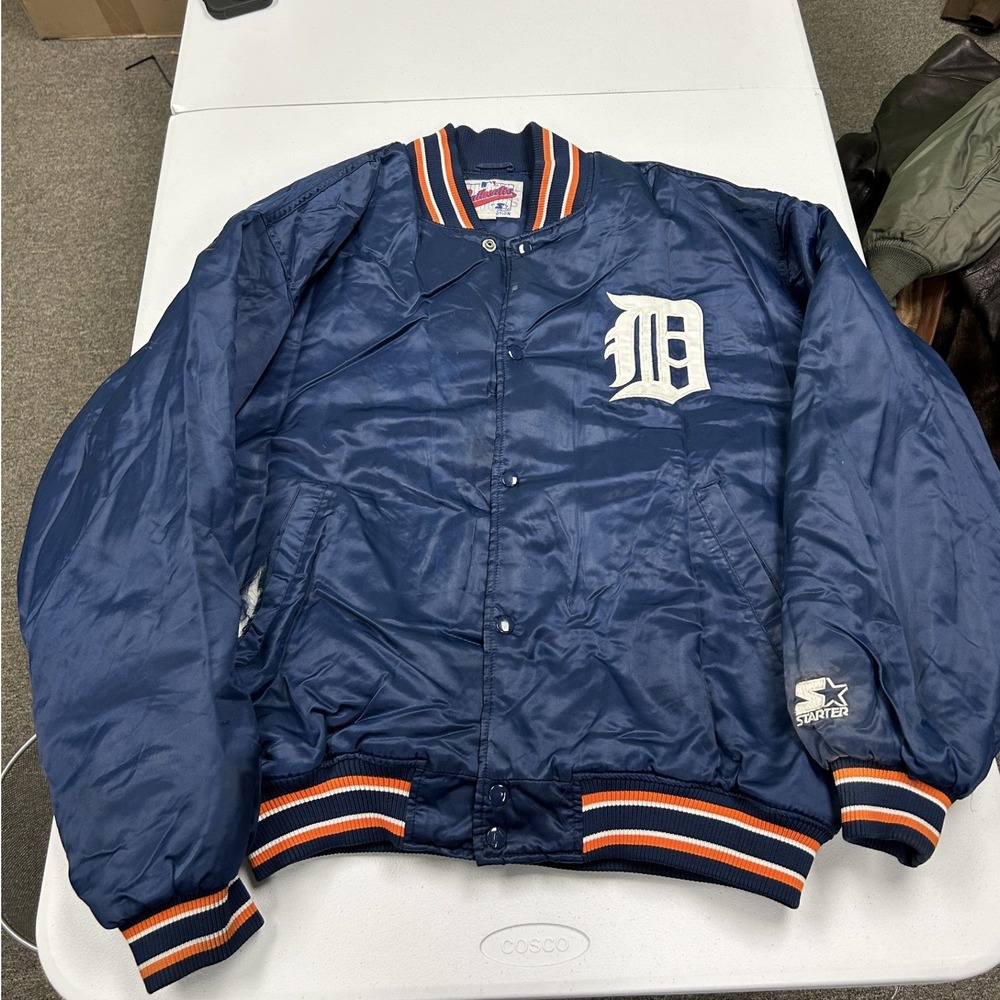 Starter Detroit Tigers Jacket Mens XL Navy Blue Vintage Satin MLB Dugout Snap